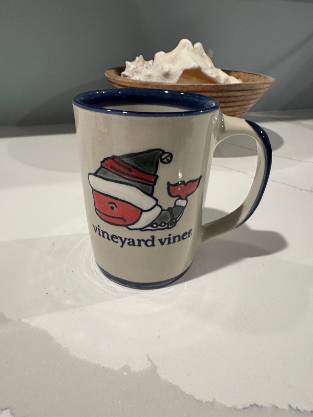 ❄️ Vineyard Vines Holiday Elf Cream Mug with Navy Trim and Red Whale Graphic